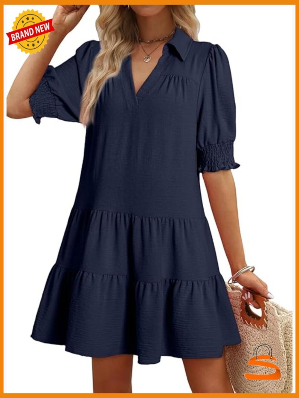 Casual V Neck Pleated A Line Midi Dress with Sleeves for Summer